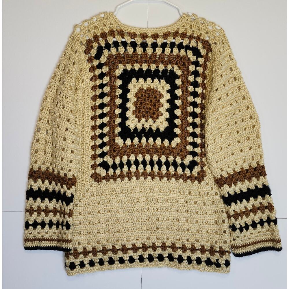 Women's Handmade Crochet Sweater Beige, Brown & Black Geometric Pattern, Size L
